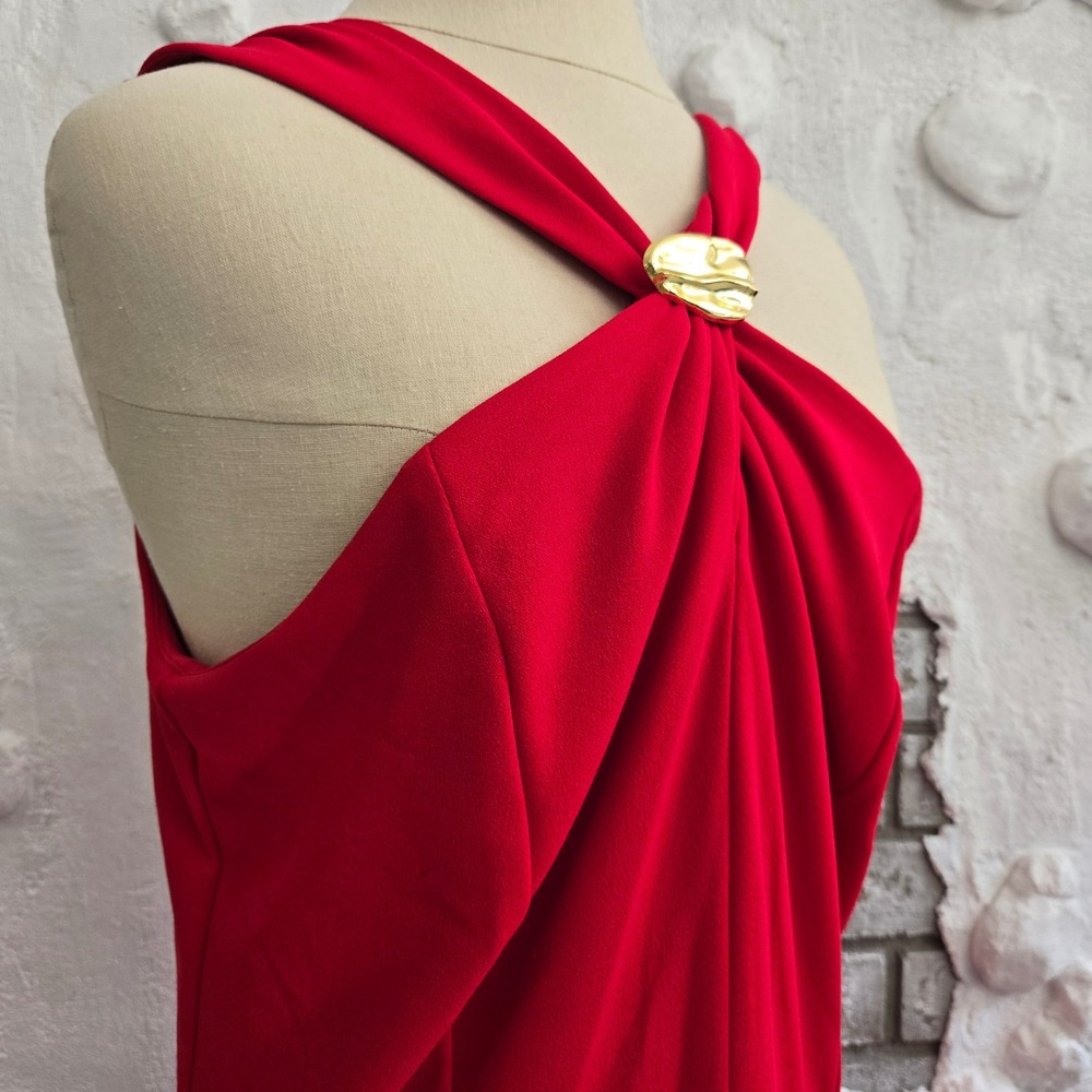 Elegant Red Halter Midi Dress with Gold Hardware Accent A-Line Formal Dress - Picture 14 of 16